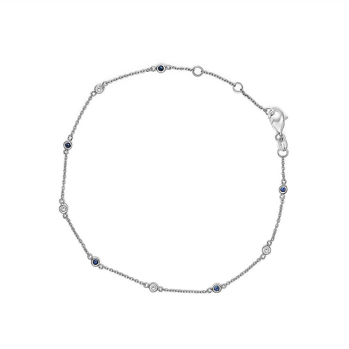 14K White Gold Alternating Blue Sapphire and White Diamond Bezel Station Chain Bracelet (I-J Color, SI2-I1 Clarity) - 8" Inches