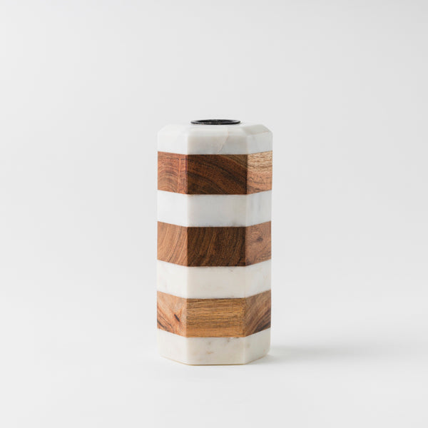 Striped Marble & Acacia Candleholder
