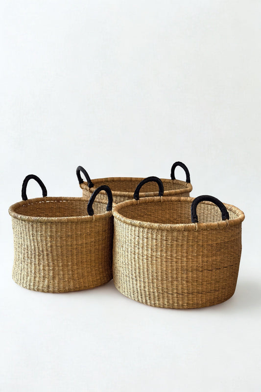 Handwoven Hamper with Leather Handles - Natural - Small