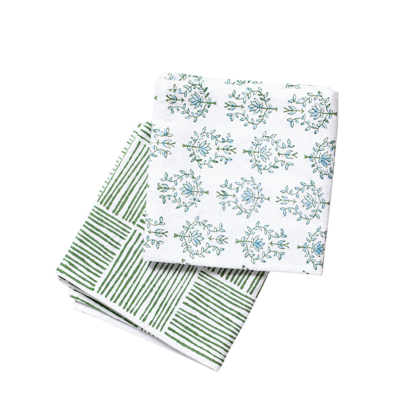 S/2 Tea Towel Set - Lotus & Stripe, Sage
