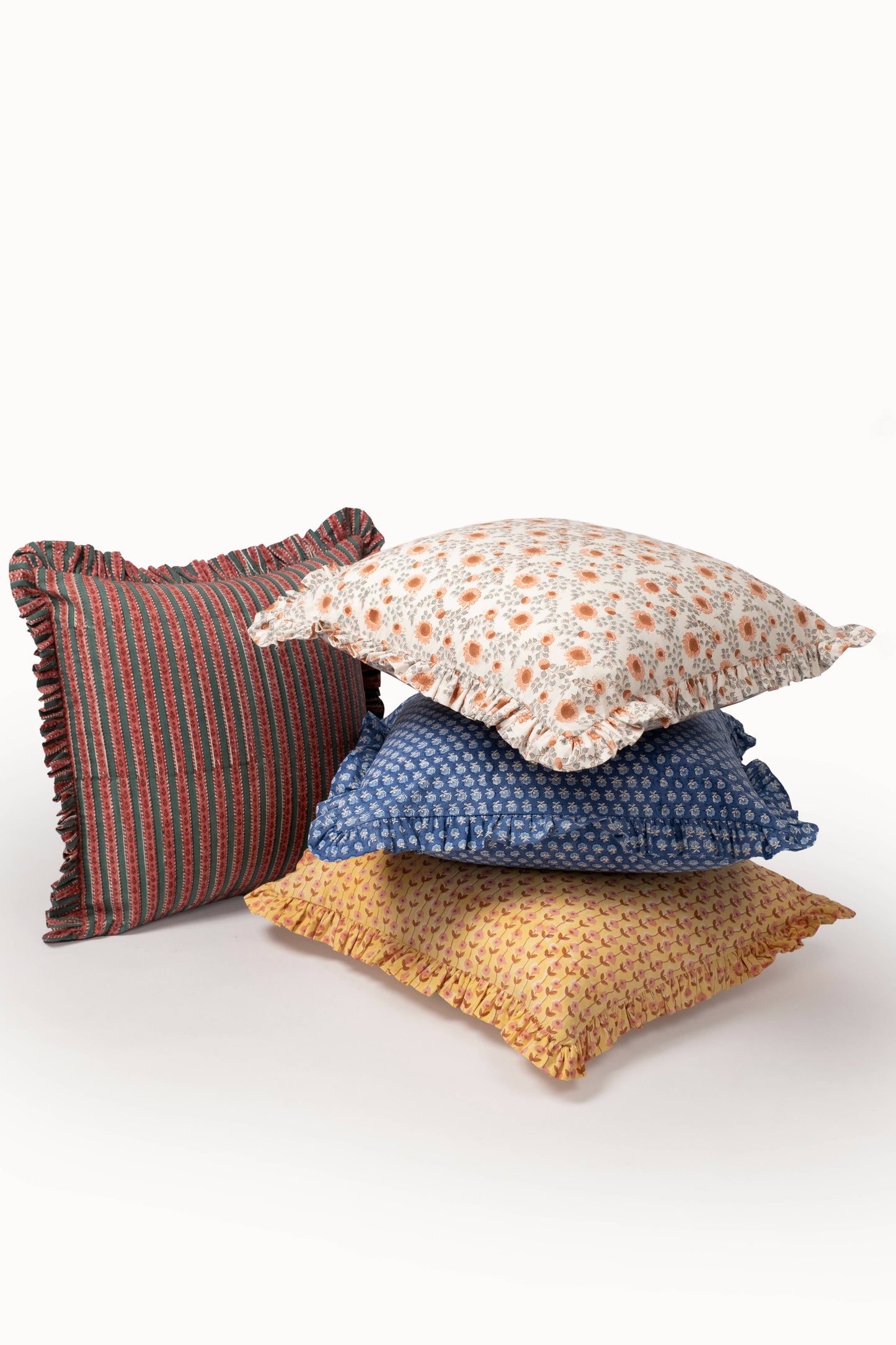 Parijat Blue Ruffle Blockprint Blue Pillow Cover