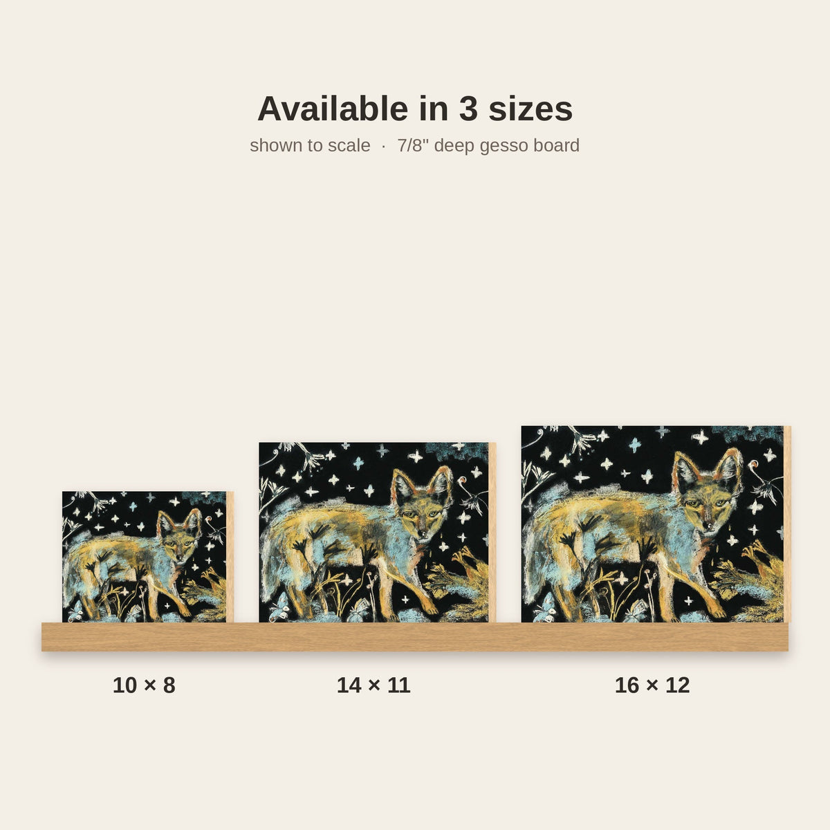 Nighttime Coyote and Chicken Folk Art Print on Board, Whimsical Wildlife Wall Art