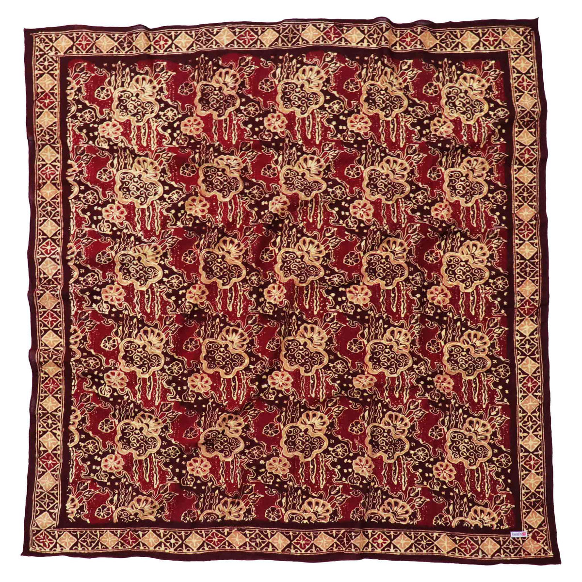 Large 39" Hand Dyed Batik Bandana, 100% Soft Cotton, Sunlit Garden, Red Burgundy
