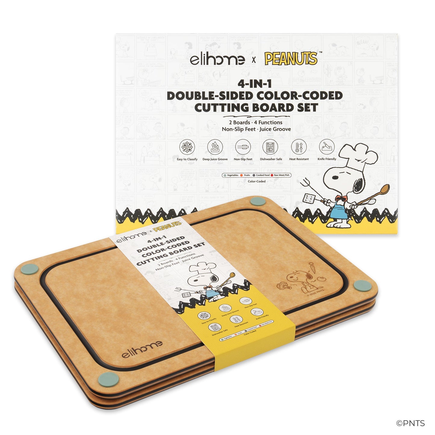 Elihome x Peanuts  4-in-1 Double-Sided Color-Coded Cutting Board Set