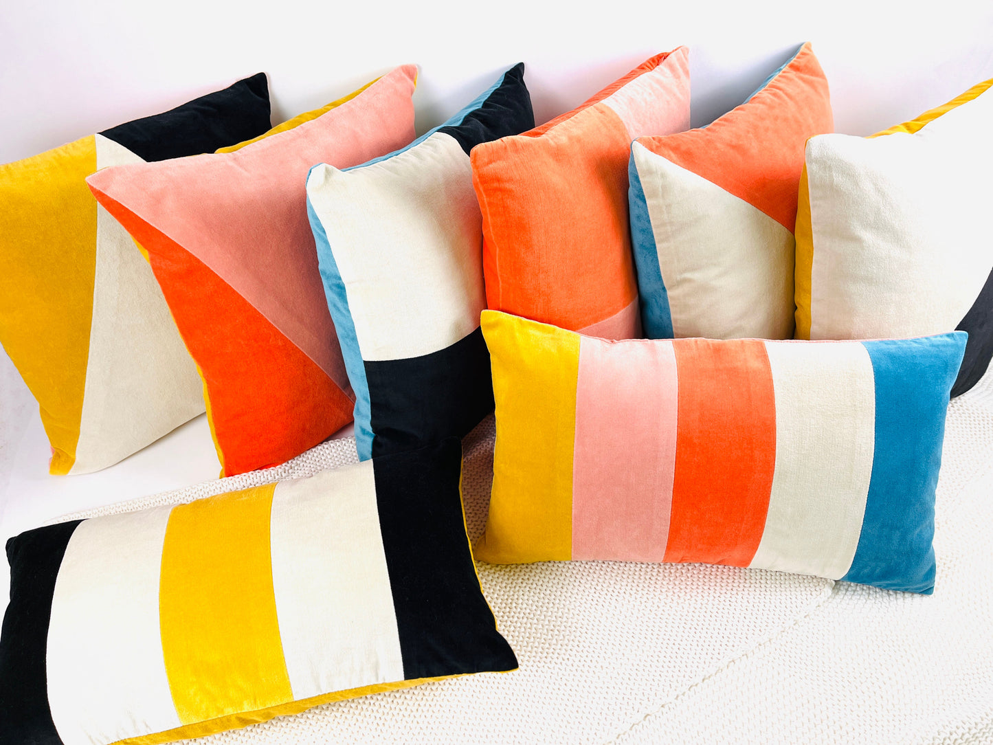 COTTON VELVET PILLOW COVER - Colorblock Triangles in B&W