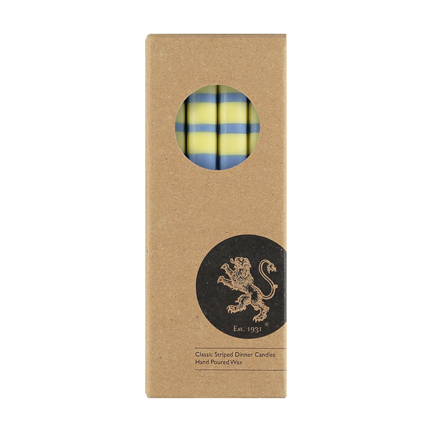 S/4 Striped Rose Beige, Saxe Blue, Jet Black & Primrose Yellow Dinner Candles
