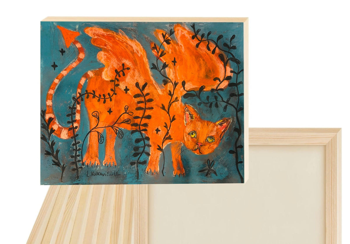Dragonfly Cat: Winged Orange Cat Whimsical Pastel Art Print on Board