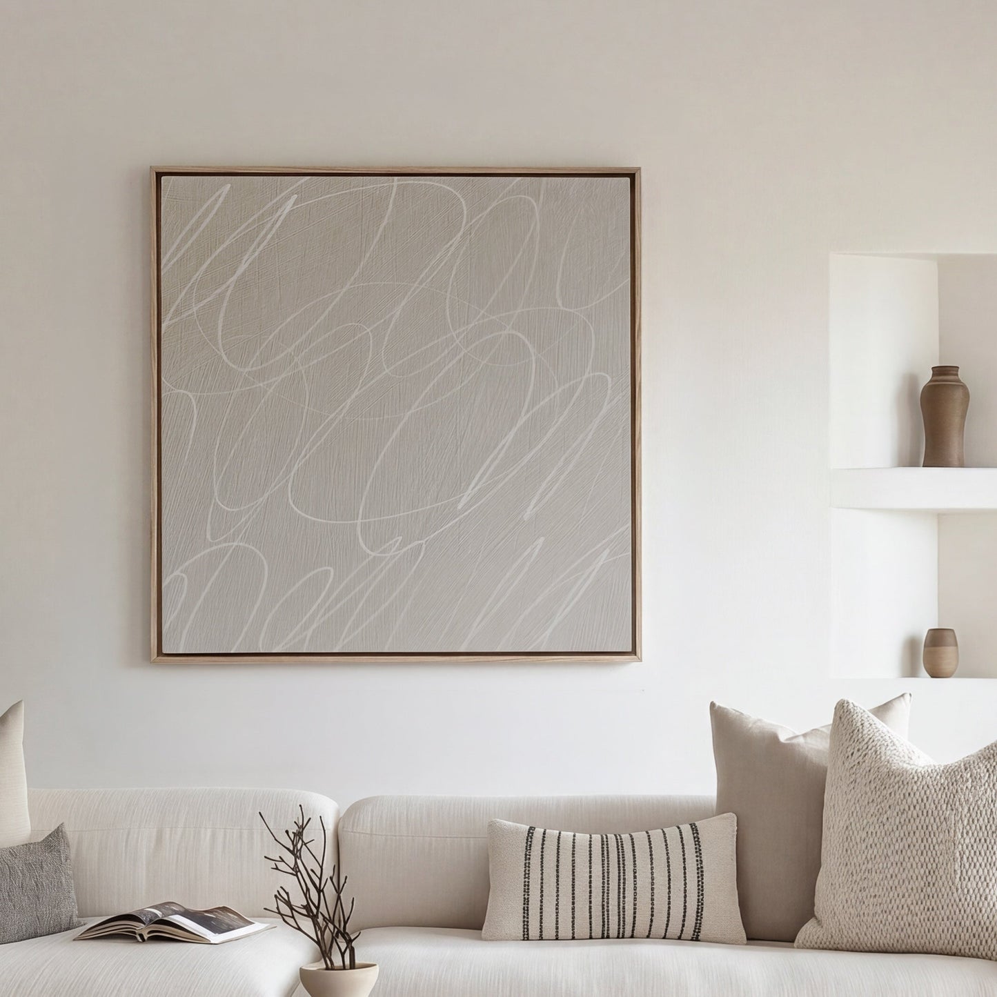 Abstract Marks in Neutral Framed Canvas Wall Art in French Linen