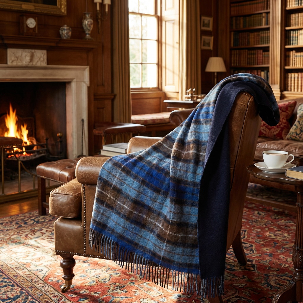 Highland Tweeds Double Cloth Reversible Throw (Blue Buchanan)