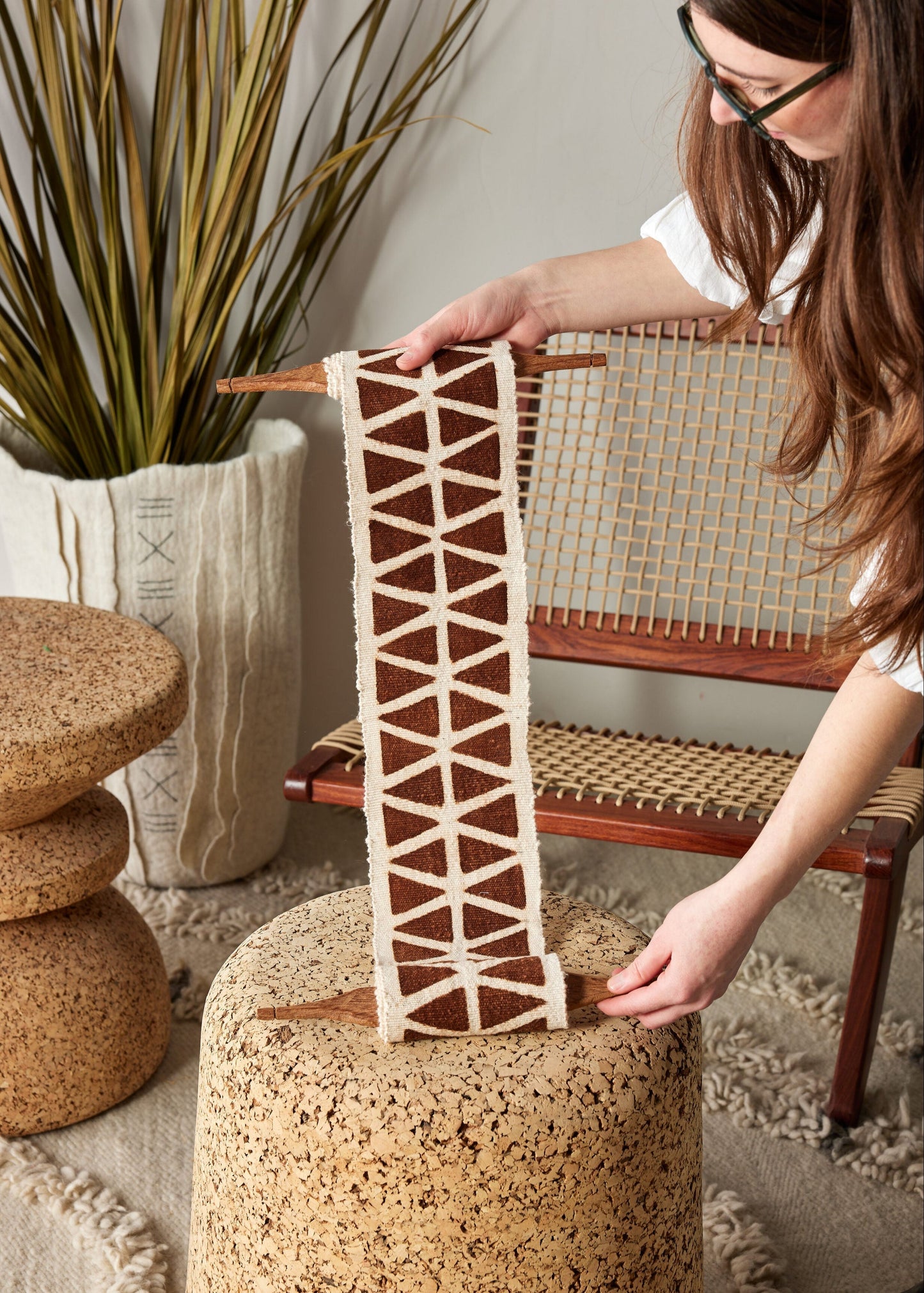 Longevity Bogolan Wall Totem in White with Brown Triangles