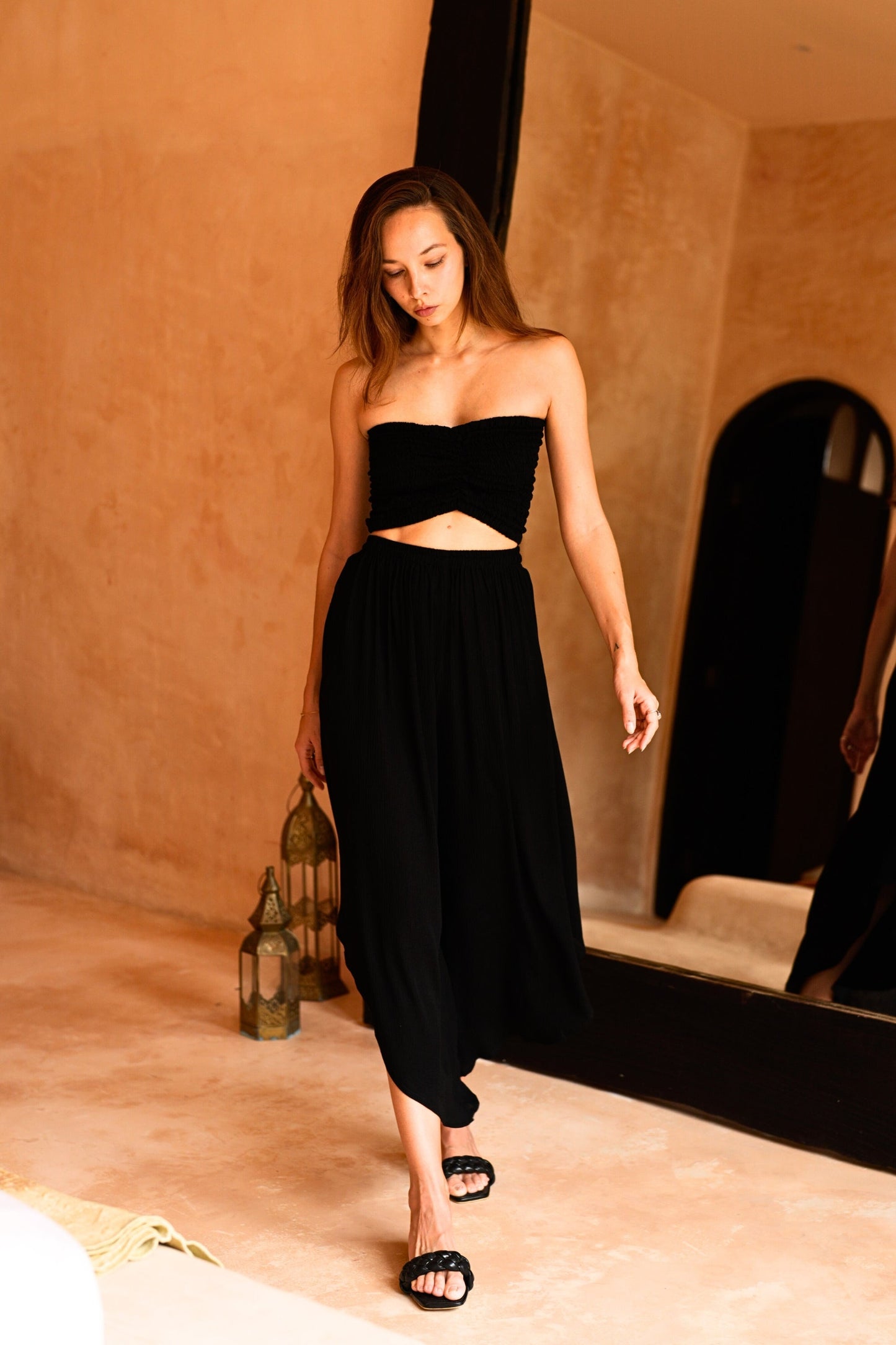 Winona Smocked Tube Top & Asymmetrical Pants Set in Black