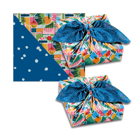 Set of 2 Large Reusable Cloth Furoshiki Gift Wrap | Holiday Shapes & Snow