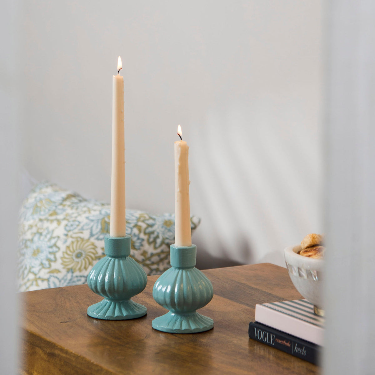 S/2 Sculpted Aluminum White Candlesticks