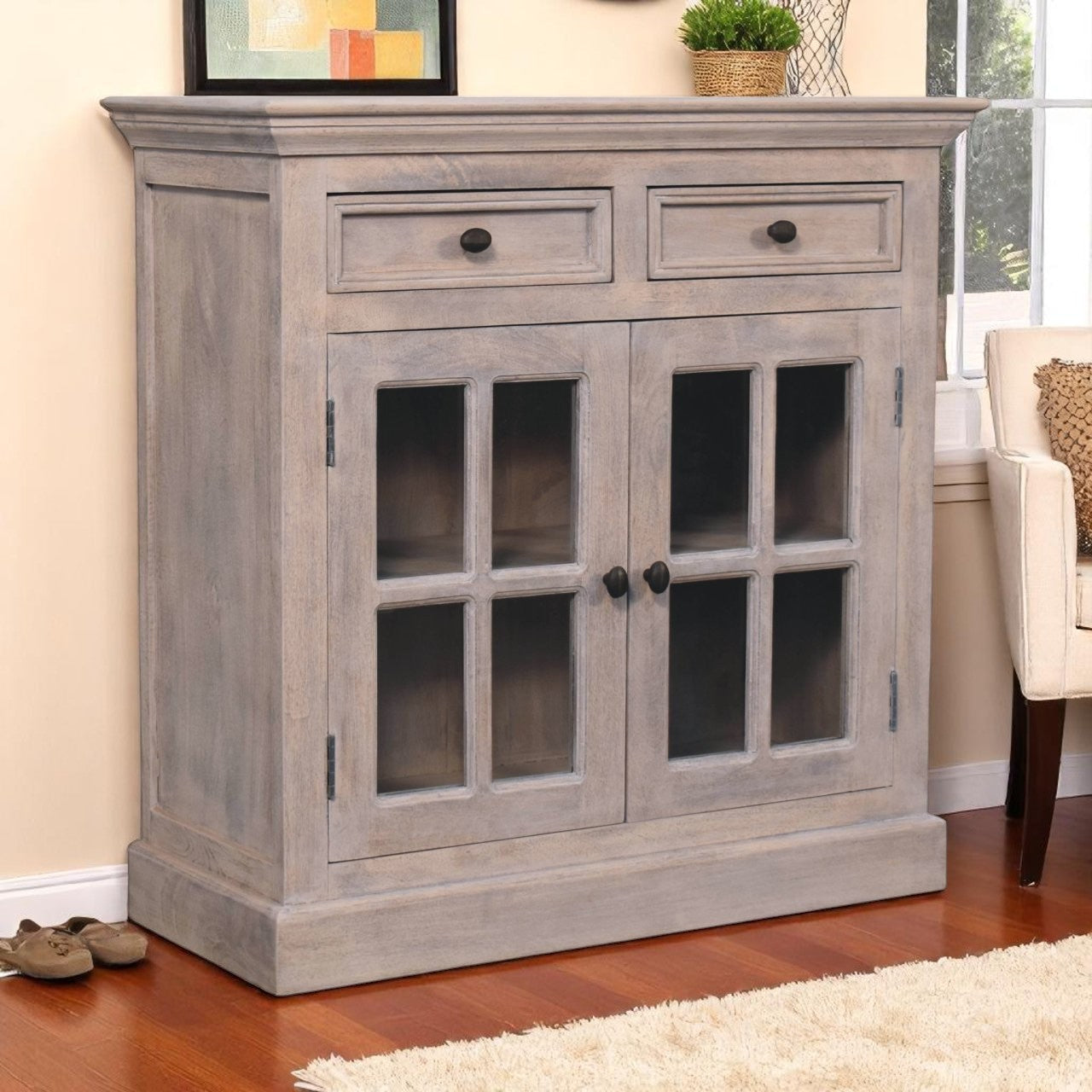 Solid Wood Stone Finish Cabinet with Glazed Doors