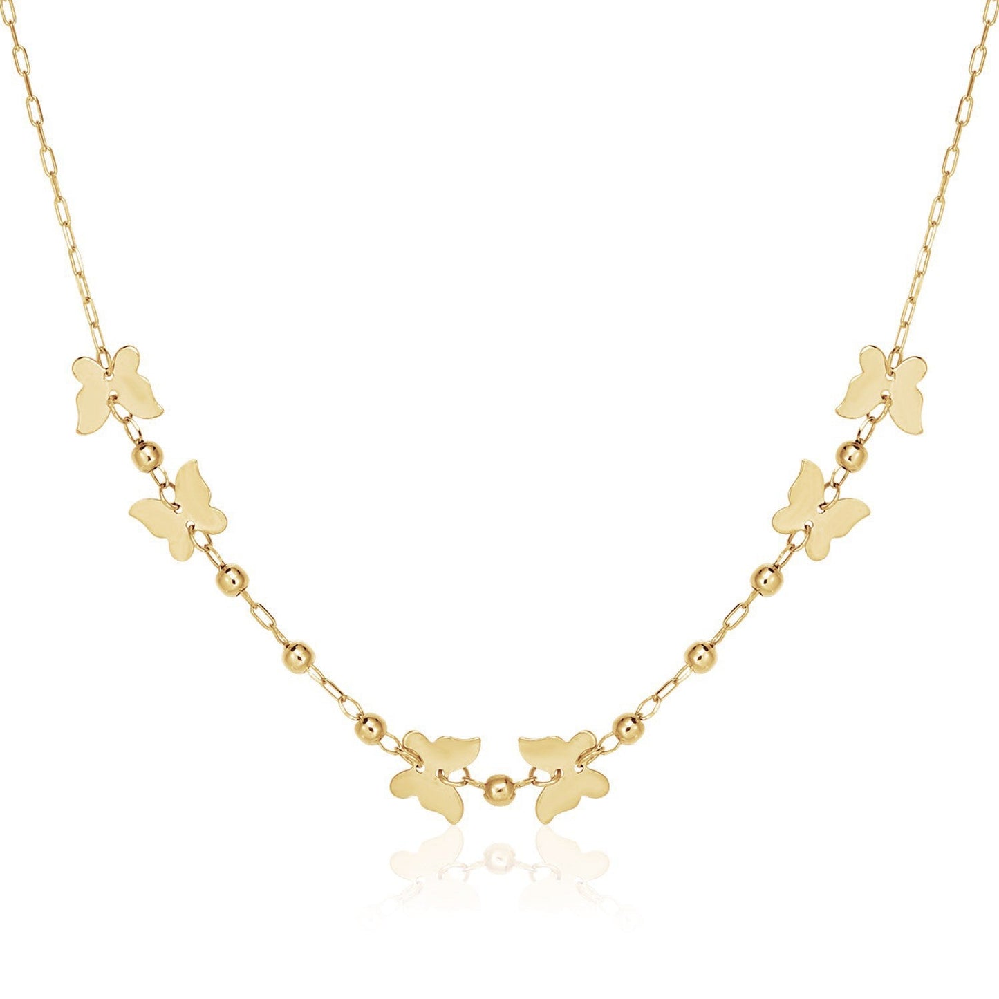 14k Yellow Gold 18 inch Necklace with Polished Butterflies and Beads