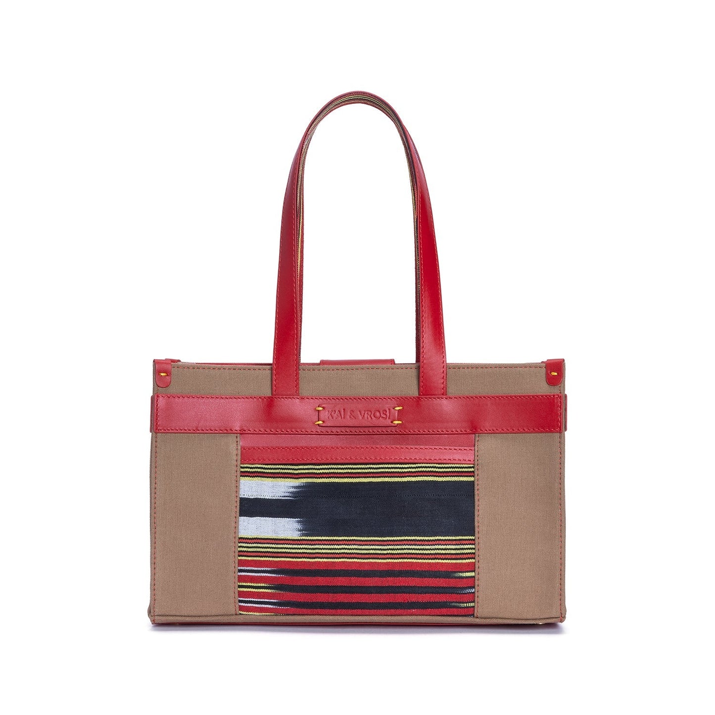 Midi Red Leather & Tobacco Canvas Tote Bag with Pockets