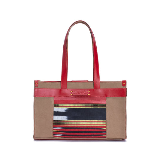 Midi Red Leather & Tobacco Canvas Tote Bag with Pockets