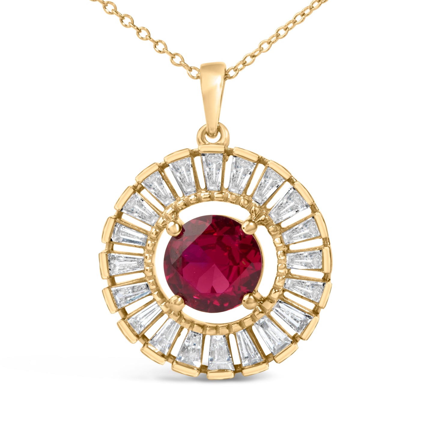 14K Yellow Gold Plated Sterling Silver Created Red Ruby and Diamond Medallion Pendant Necklace
