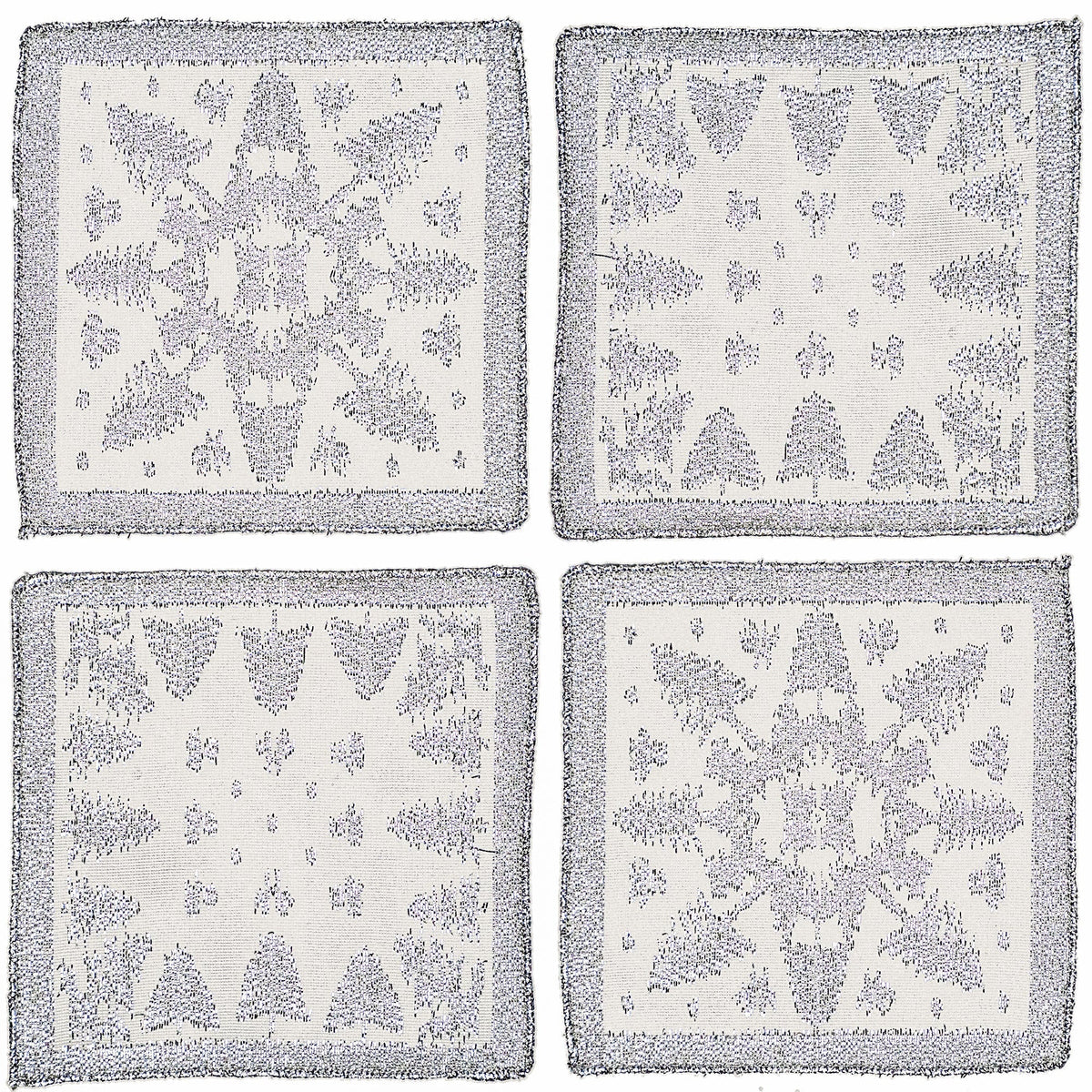 S/4 Scottish White Leno Gauze Cocktail Napkins - Silver Lurex