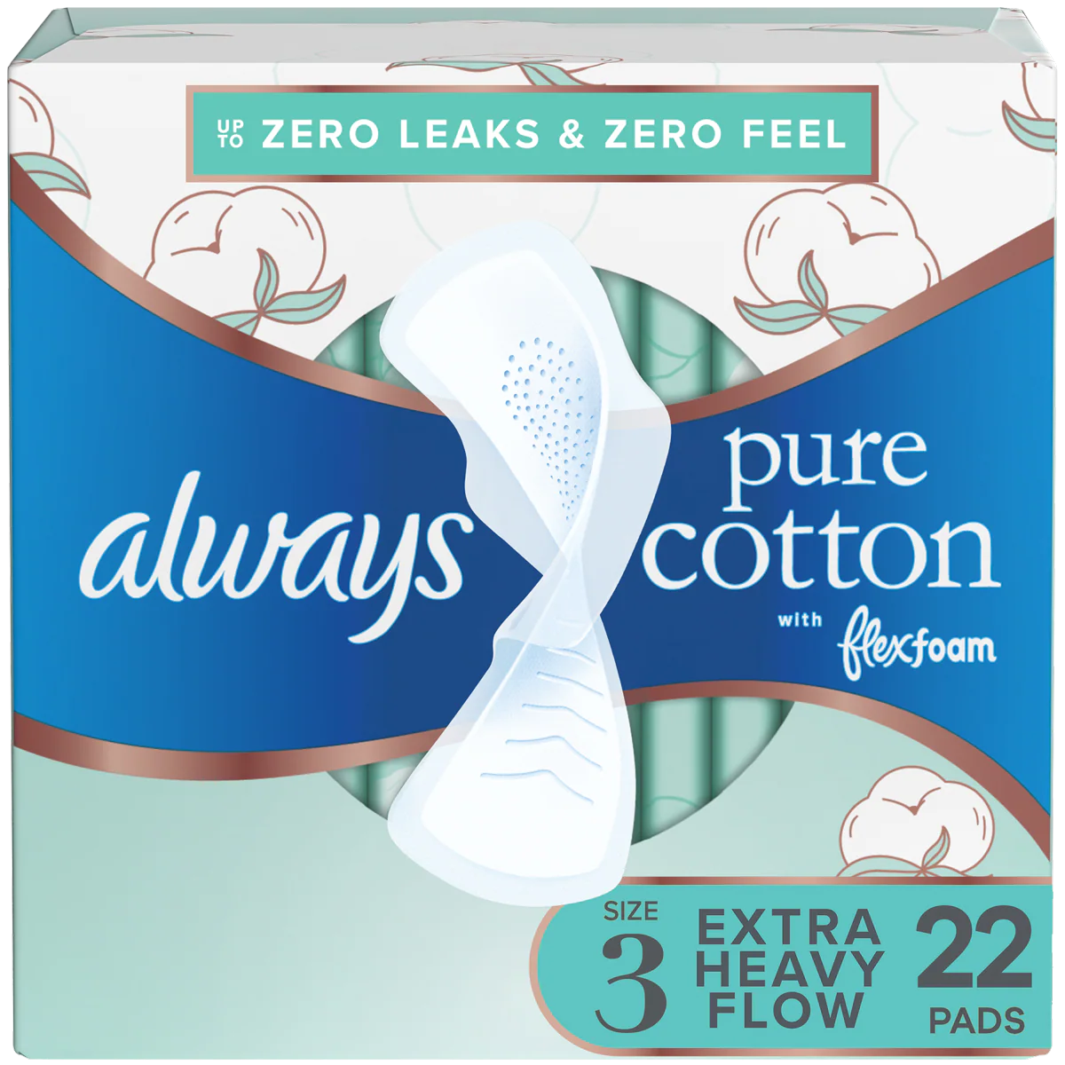 Always Pure Cotton Size 3 with FlexFoam Overnight Extra Heavy Flow Pads with Wings