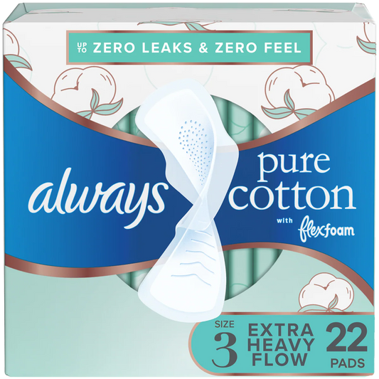 Always Pure Cotton Size 3 with FlexFoam Overnight Extra Heavy Flow Pads with Wings