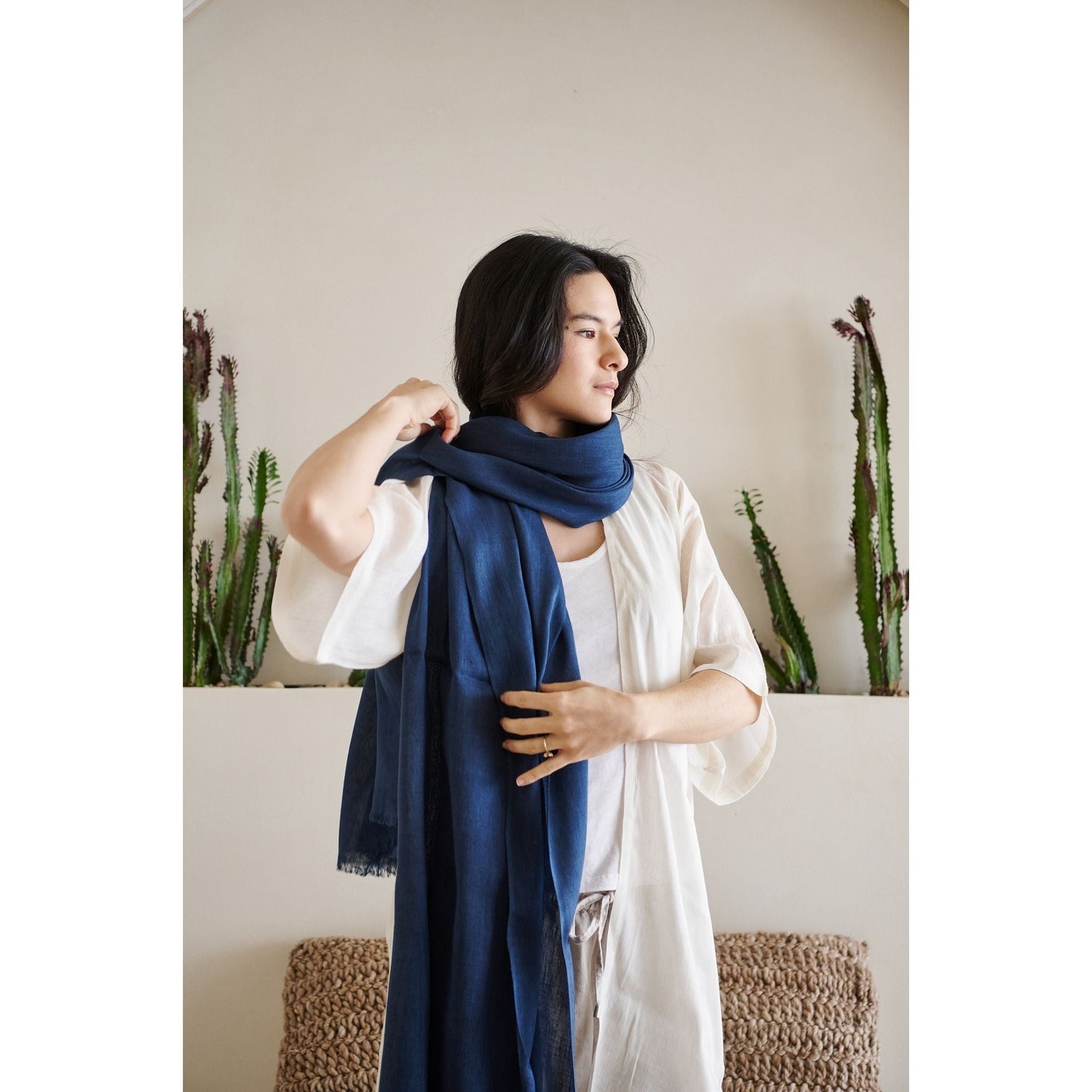 Midnight Navy Blue Hand Woven Linen Silk Blend Scarf