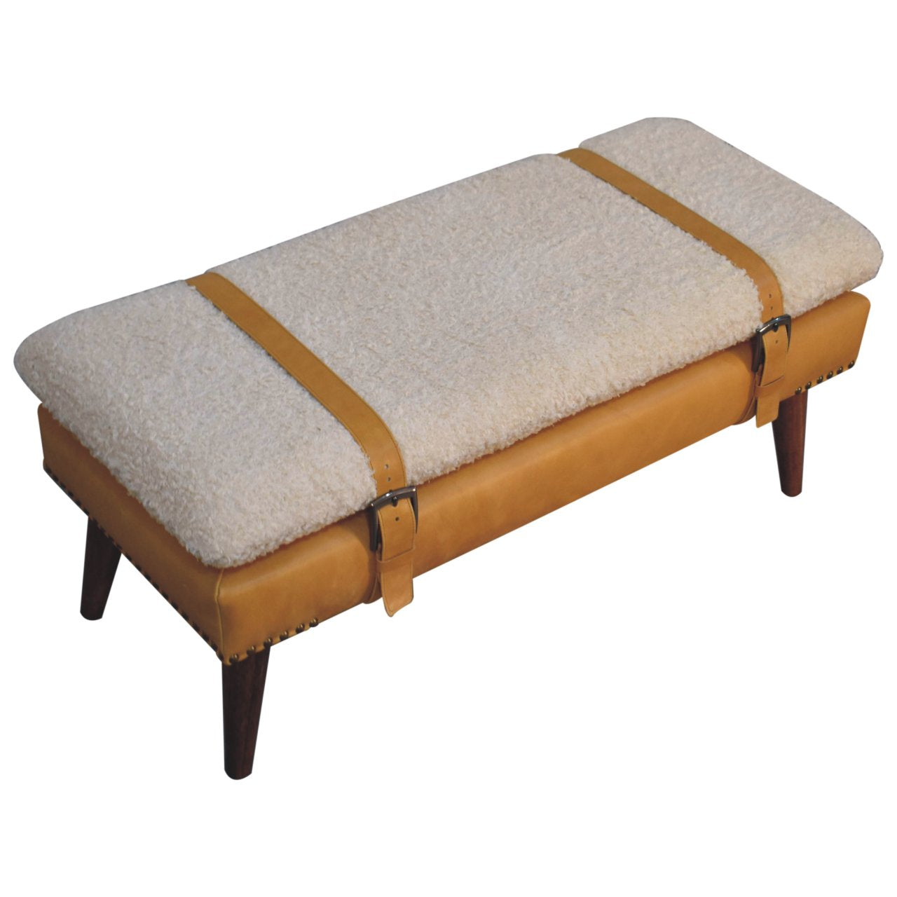 Solid Wood Boucle Tan Leather Bench