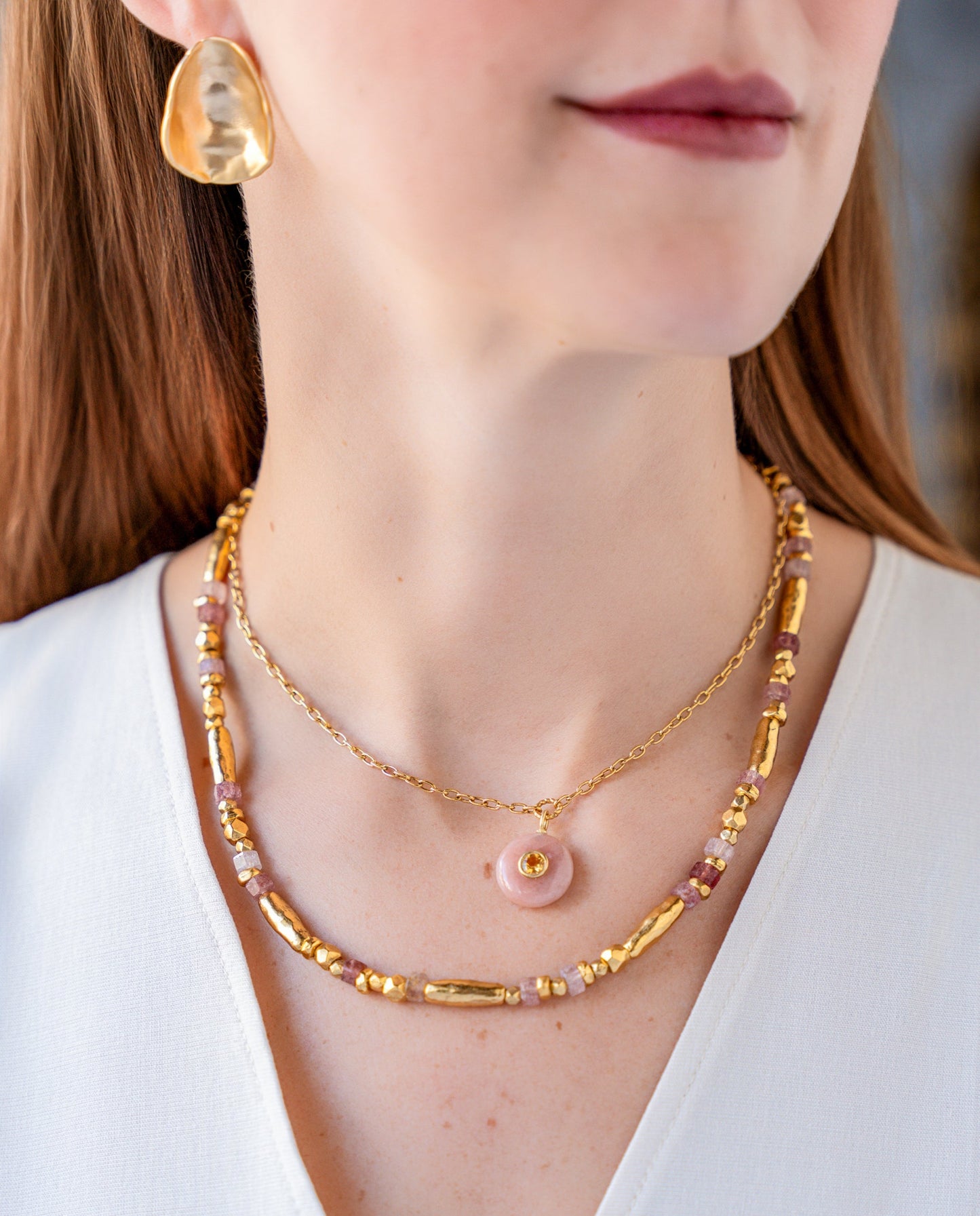 Pink Strawberry Quartz Bead Necklace