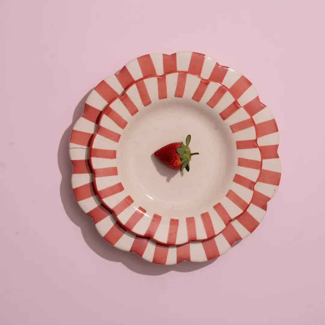 Ceramic Stripe Dinner Plate,  Red- 10 x 10 x 1.25 Inches ( Set of 2 )