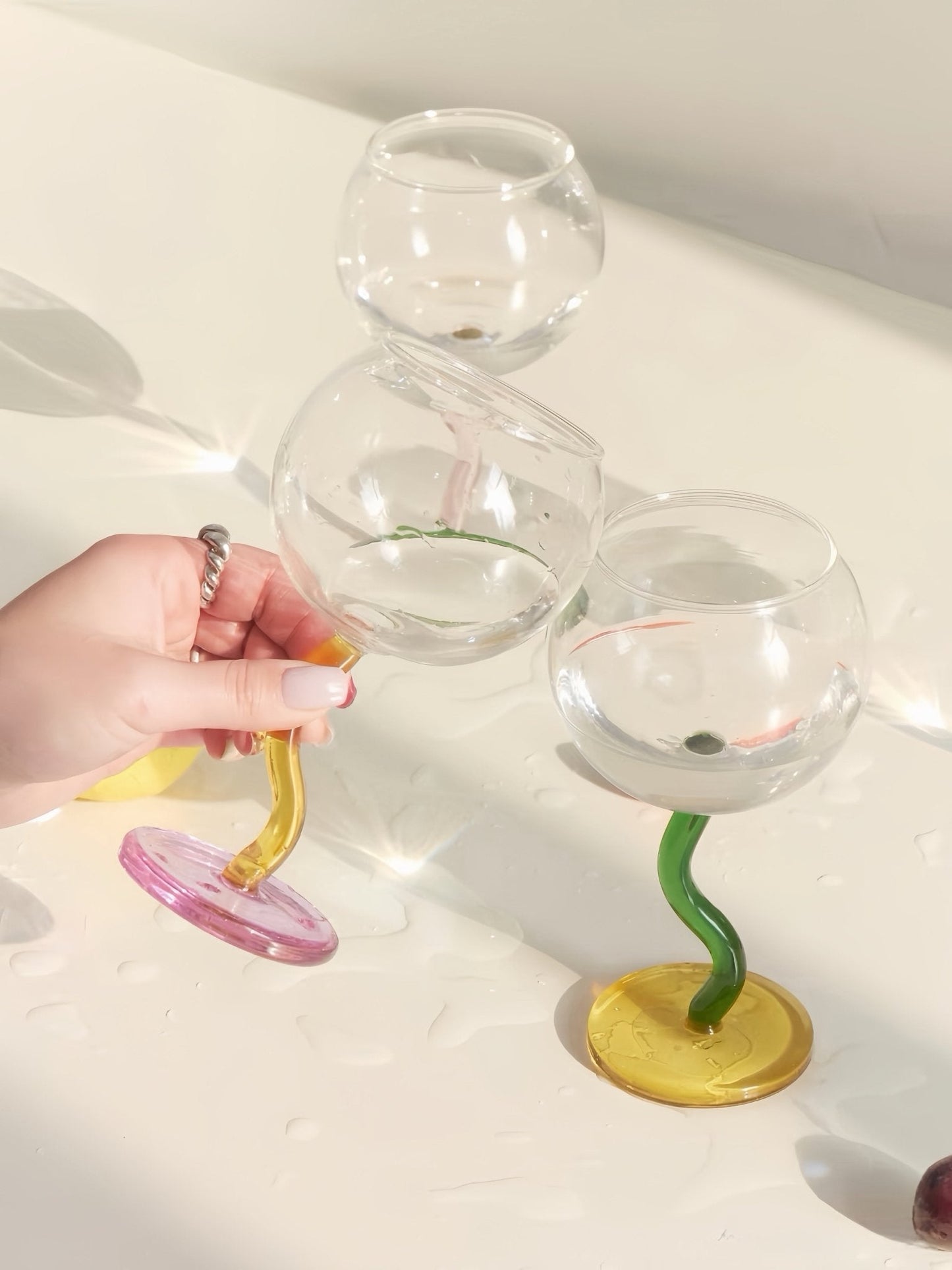 Handblown Bubble Wine Glass - Retro Whimsical Eclectic Wavy Stemmed Goblets