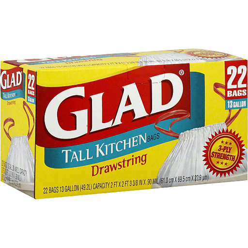 Glad Tall Kitchen Bags, Drawstring, 13 Gallon