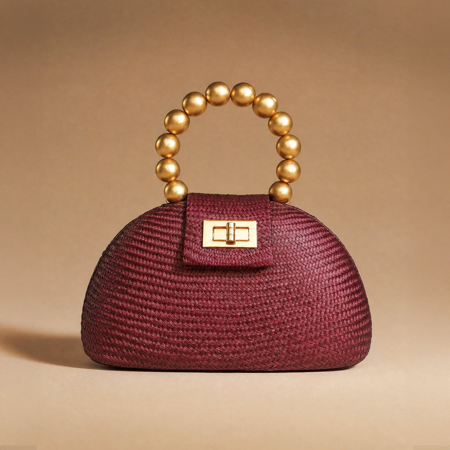 THE ORLA — Maroon Woven Straw Half-Moon Bag with Gold Beaded Handle