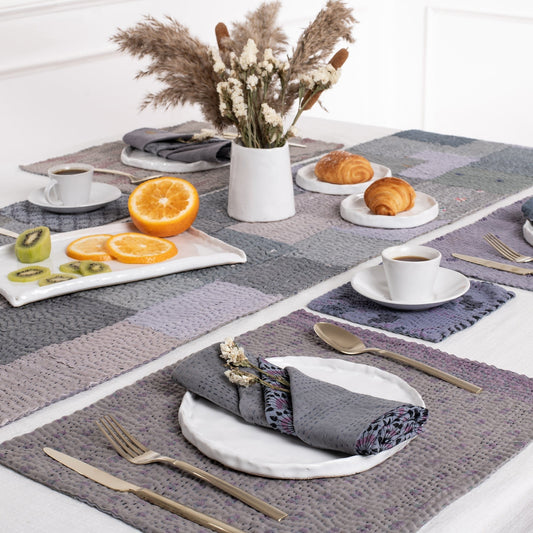 S/2 Mosaic Fray Patch vintage Kantha Placemat - Hydrangea