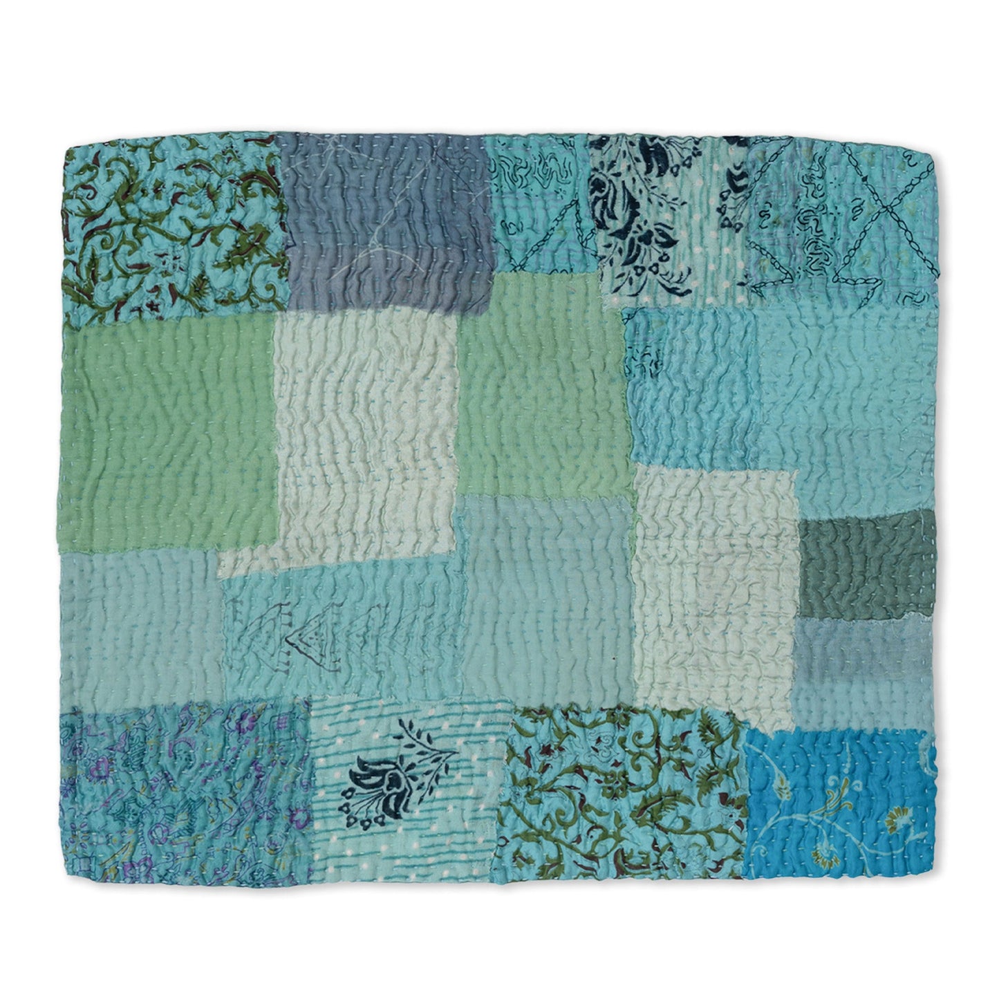 S/2 Landscape Fray Patch Vintage Kantha Placemat - Green
