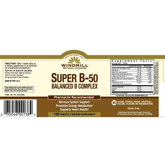 Windmill Super B50 Balanced B Complex Vitamin Tablets 100ct