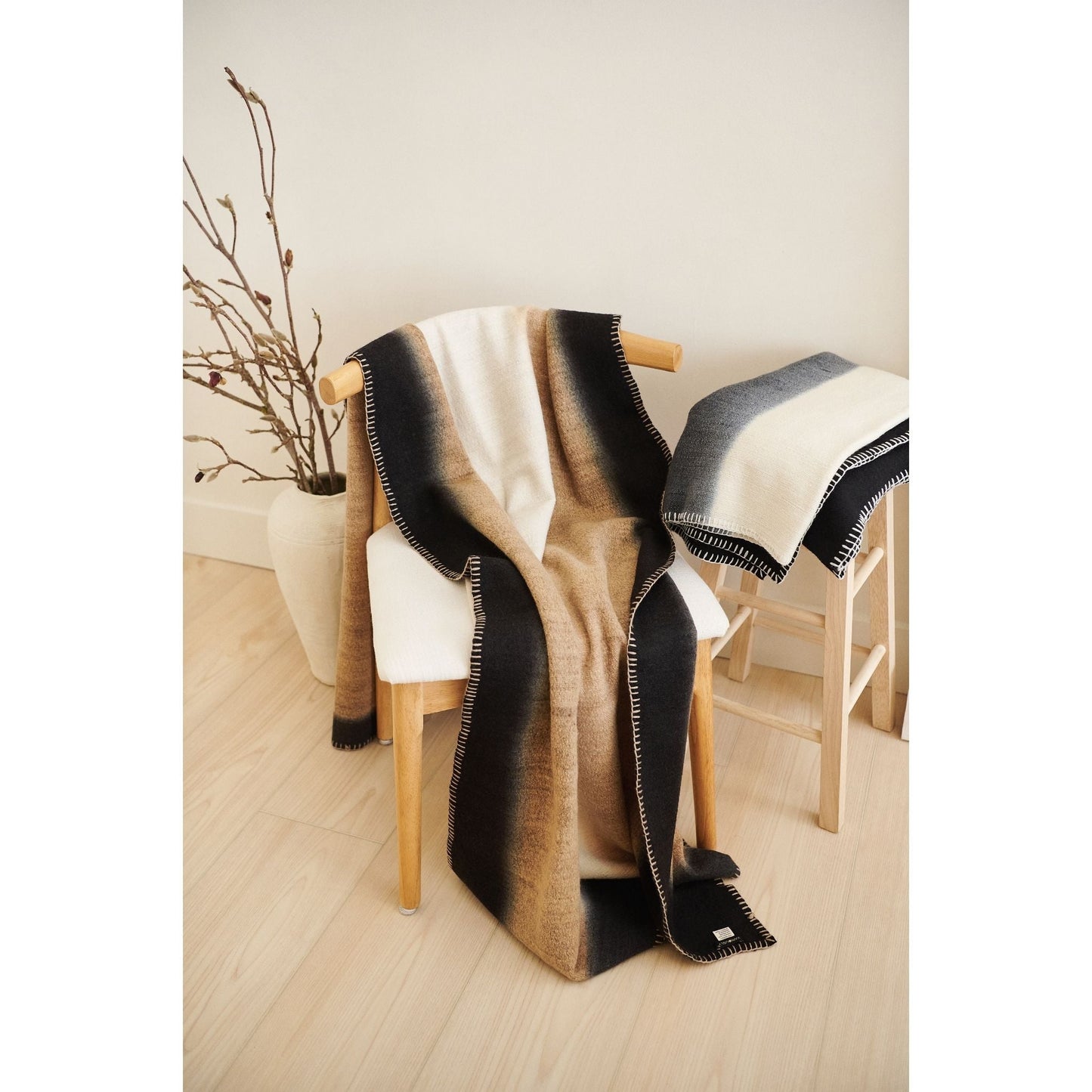 Siro Brown And White Ombre Textured Throw  In Hand Spun Merino And Hand Stitched Hem