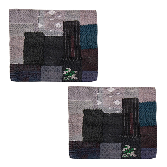 S/2 Landscape Fray Patch Vintage Kantha Placemat - Black