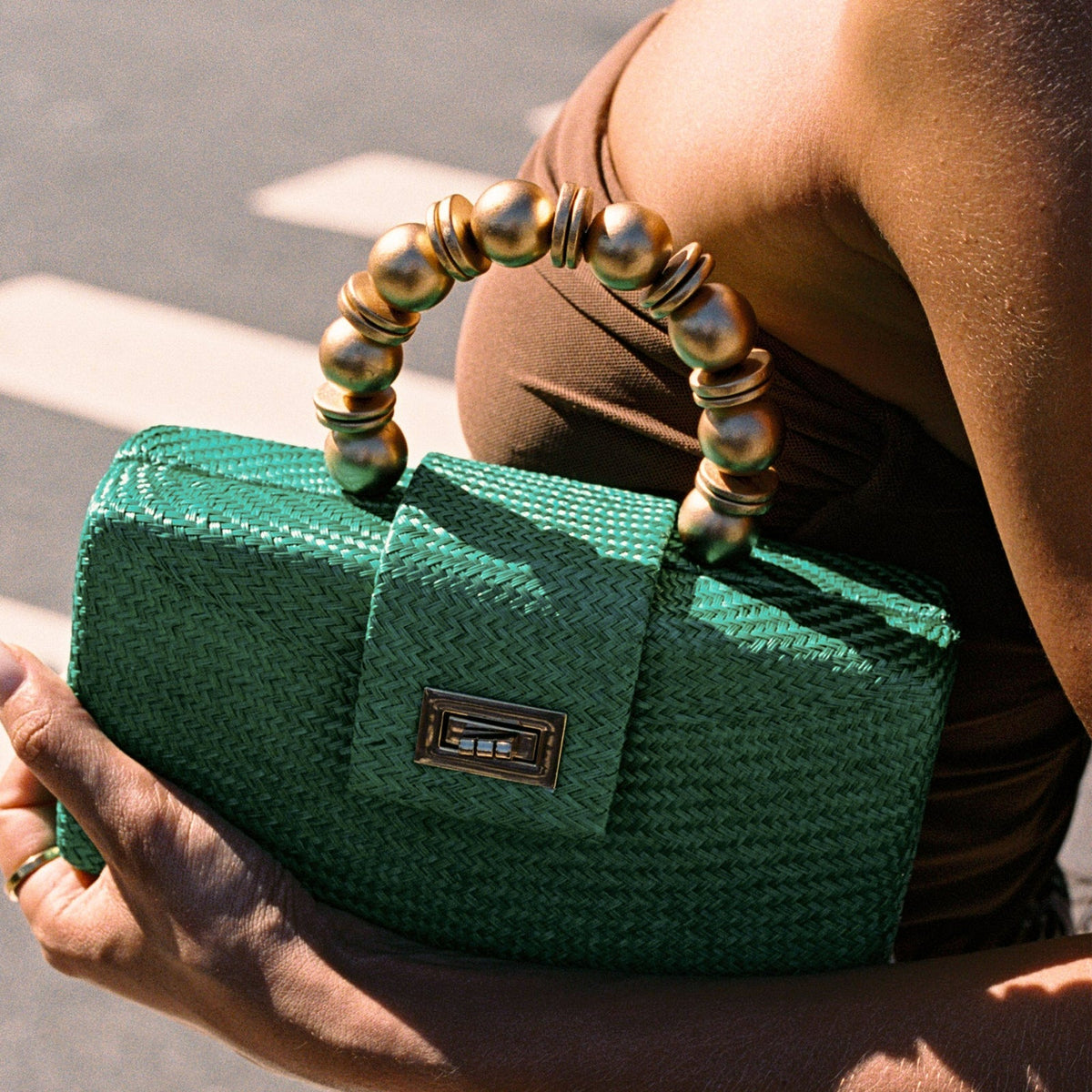 THE SERENA Green Woven Straw Clutch Bag