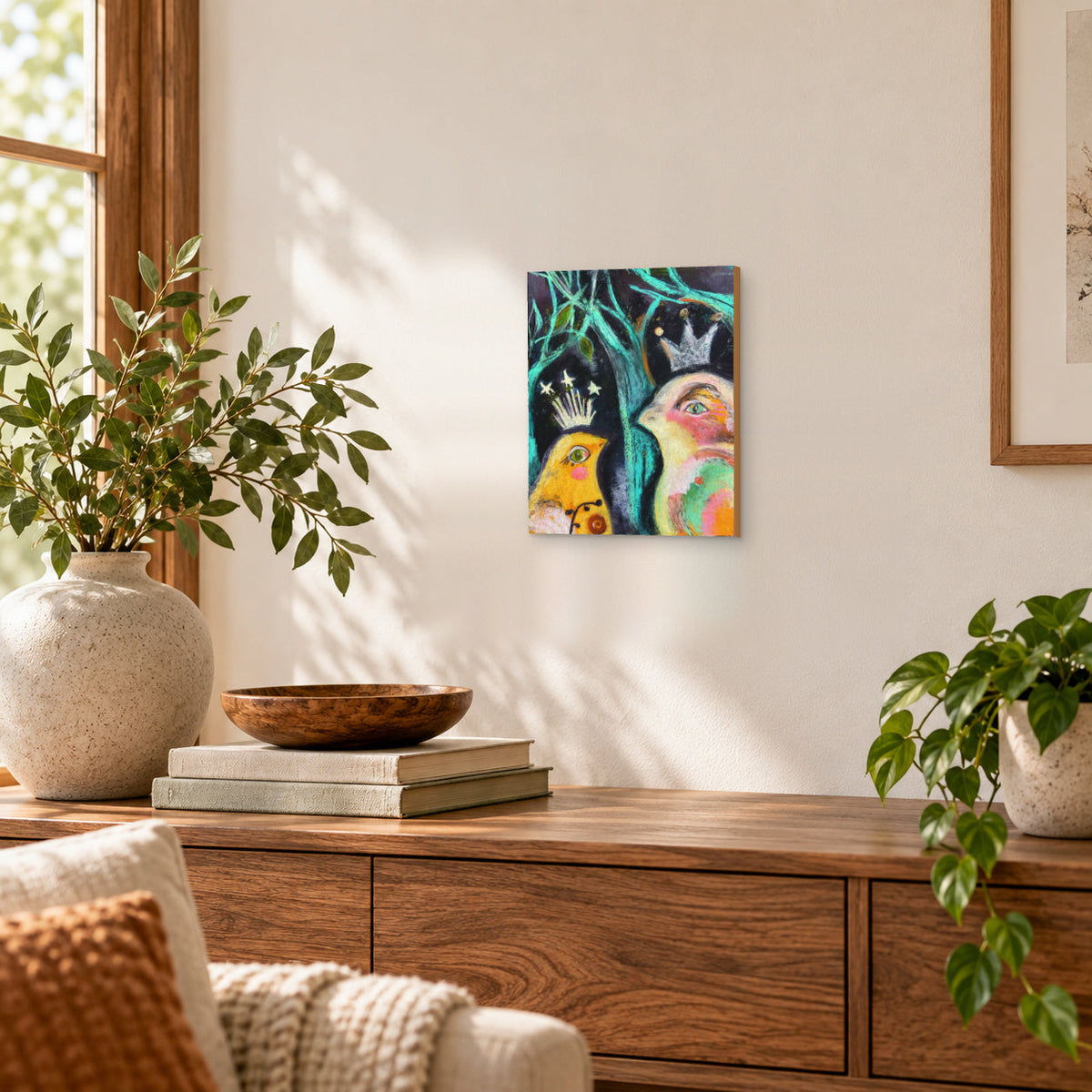 New Friend: Two Birds Whimsical Wall Art Print on Board, Turquoise & Yellow Folk Art