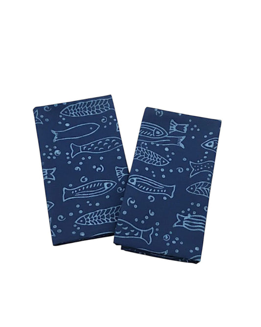Set of 4 Navy Hand Block Print Cotton Napkins, Fish Pattern Coastal Table Linens