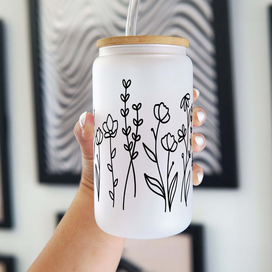 Black Wildflower Cup With Lid and Straw