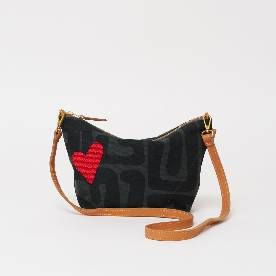 XLarge Convertible Pouch - Safari Kuba with Beaded Red Heart with Short Leather Strap
