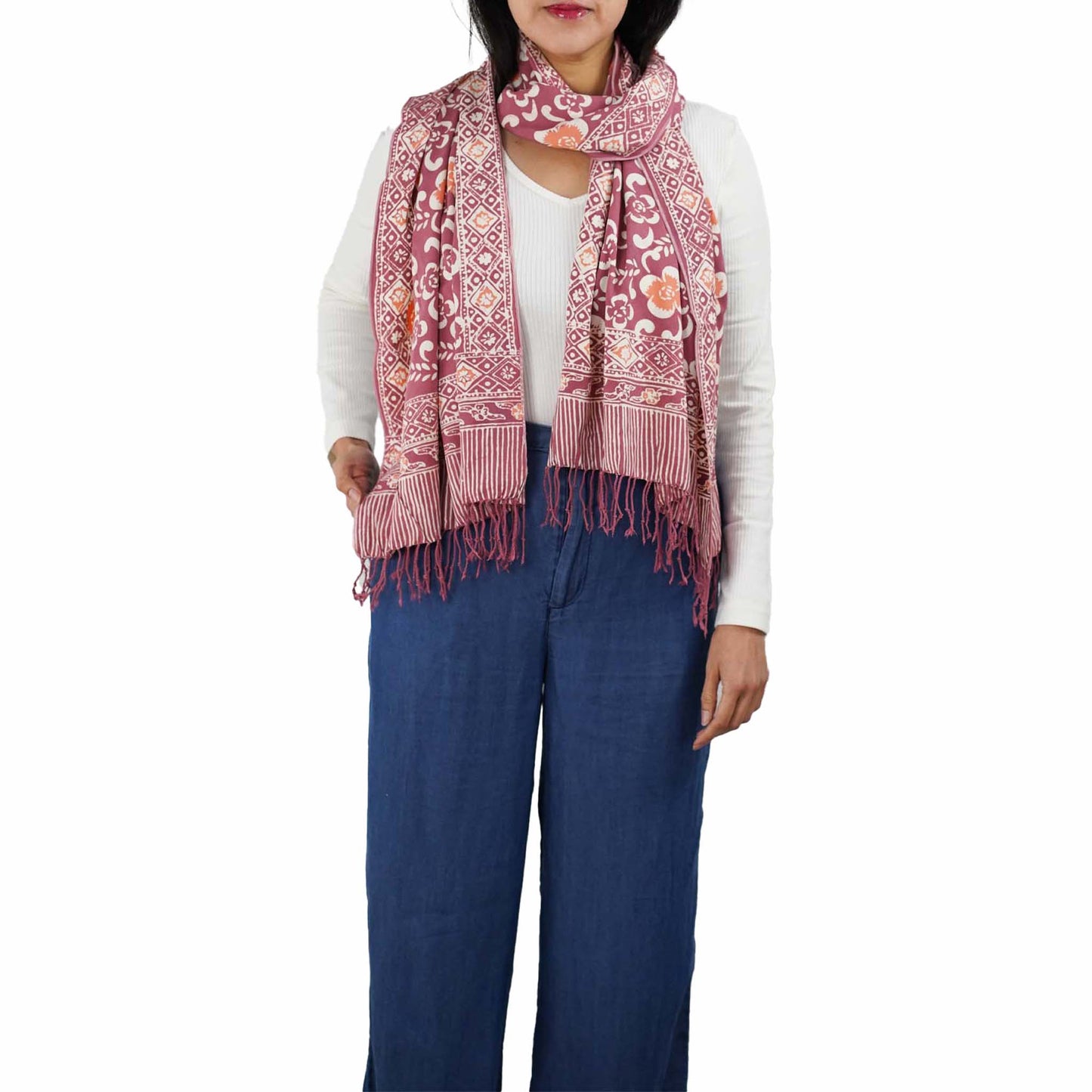 Handmade Batik Scarf, Cotton, Plumeria, Pink, Purple, Peach - Osadia Concept Store