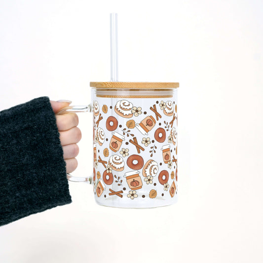 Cinnamon Buns + Pumpkin Spice 17oz Glass Mug With Lid and Straw