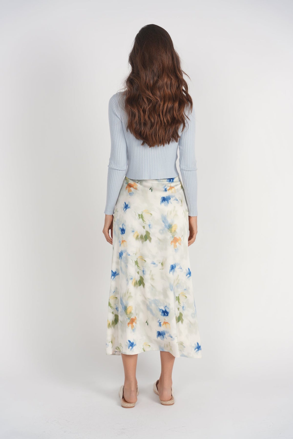Bias Cut Midi Skirt- Abstract Floral Satin