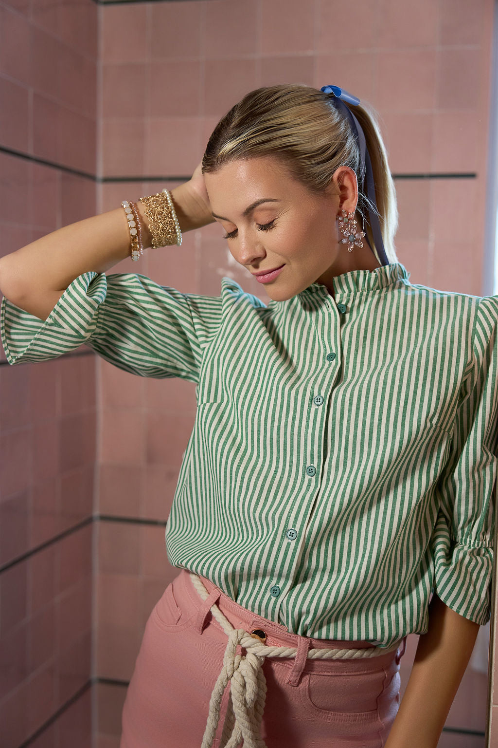 Ruffle Cuff Cotton Top- Green Stripes