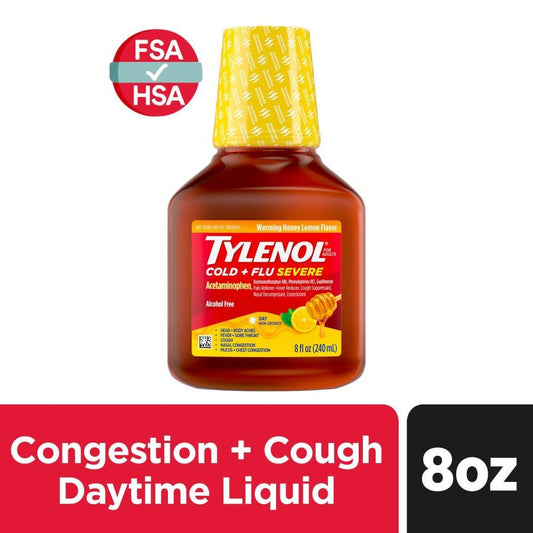 Tylenol Cold + Flu Severe, Day, Warming Honey Lemon Flavor, For Adults 8 Fl Oz