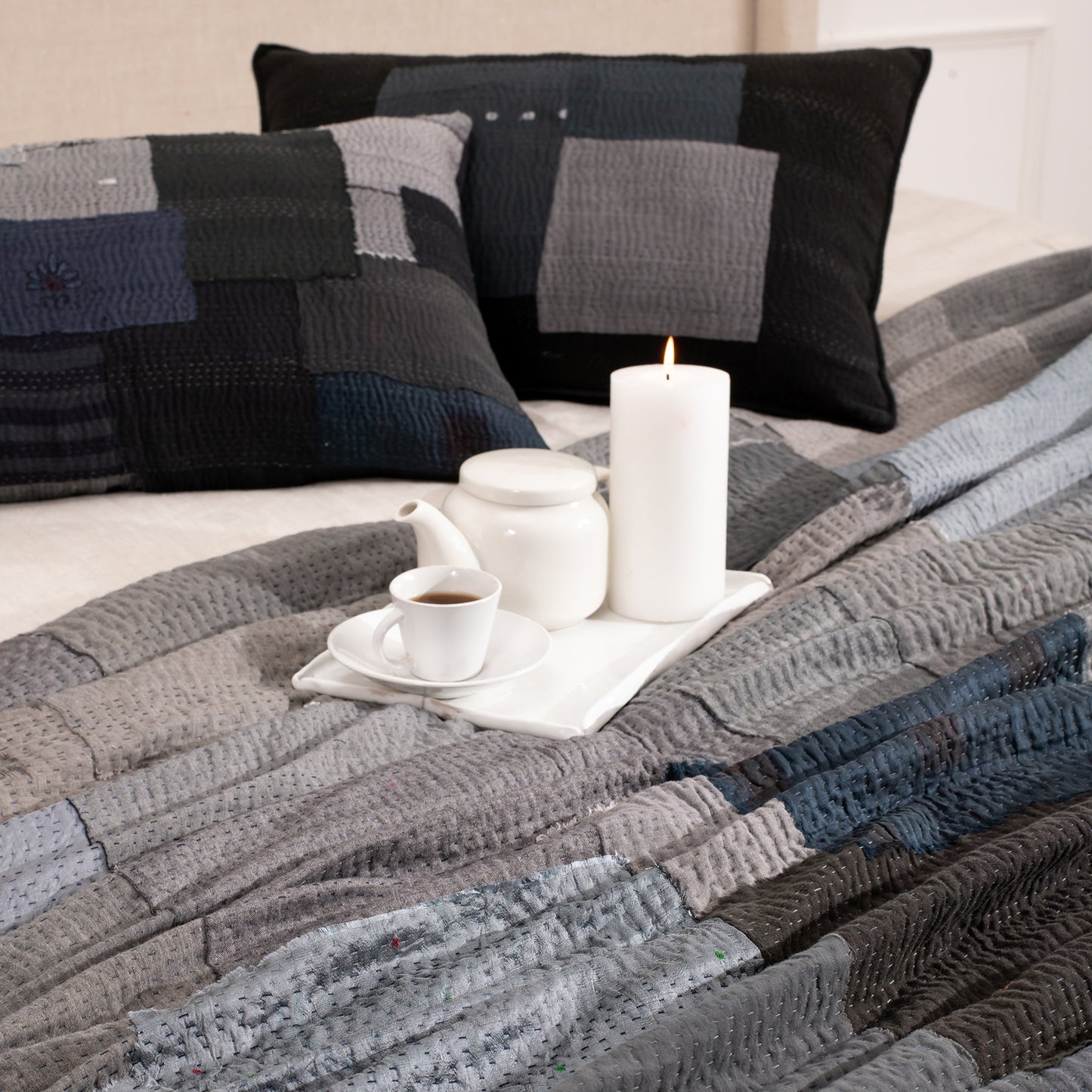 Landscape Fray Patch Handmade Vintage Kantha Throw - Black