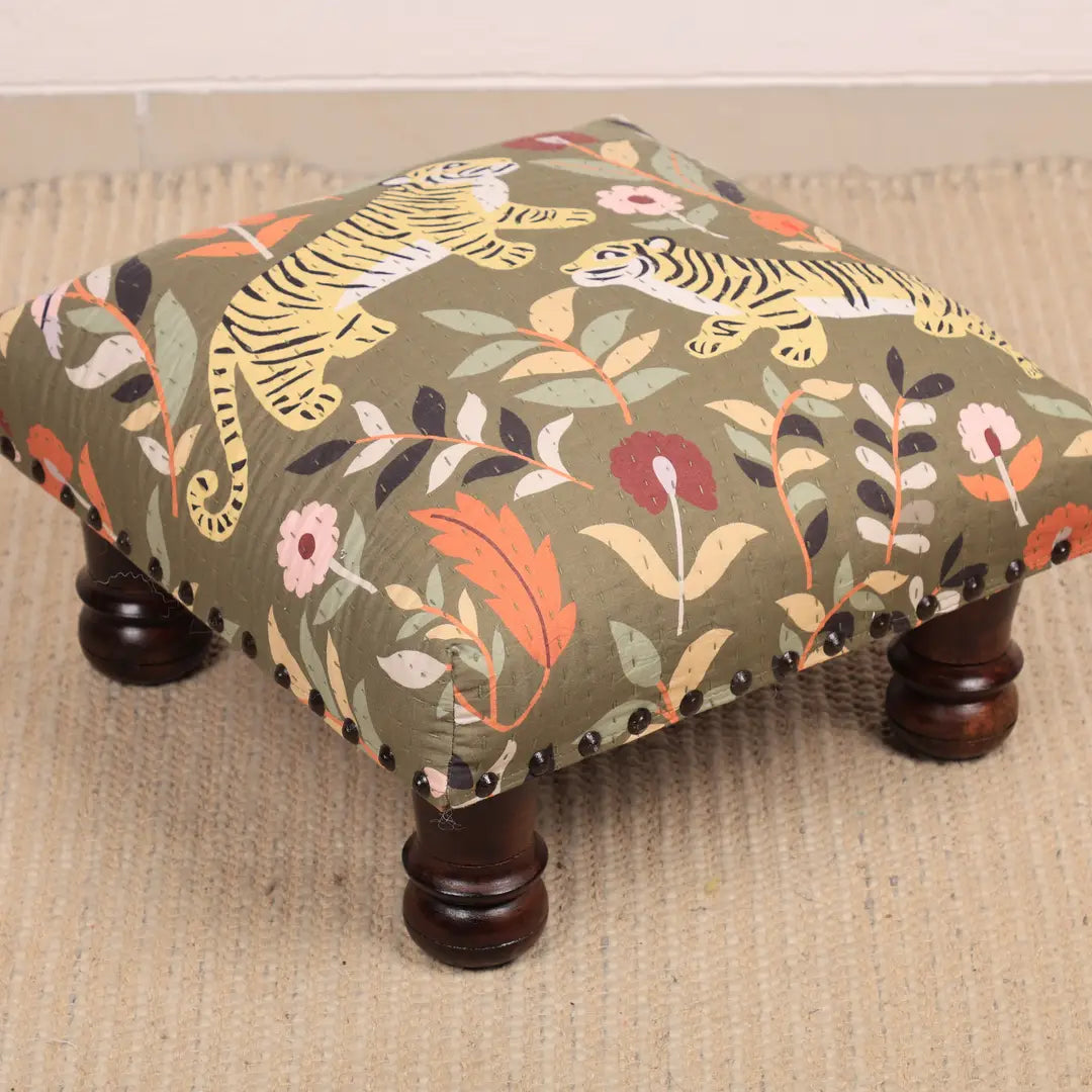 Botanical Tiger Foot Stool | Cotton Fabric | 16x16x9"