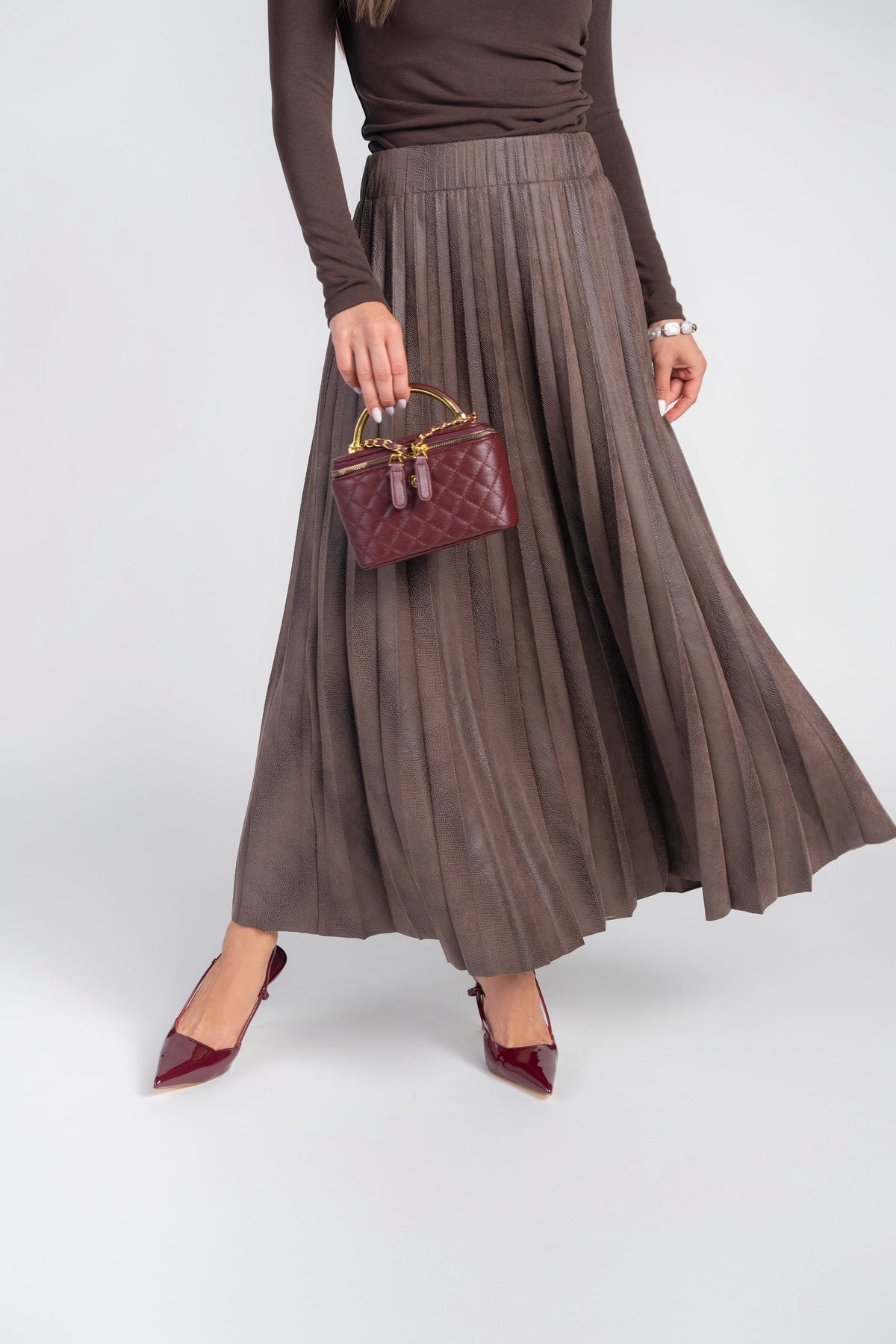 Pebble Leather Pleated Maxi Skirt- Brown